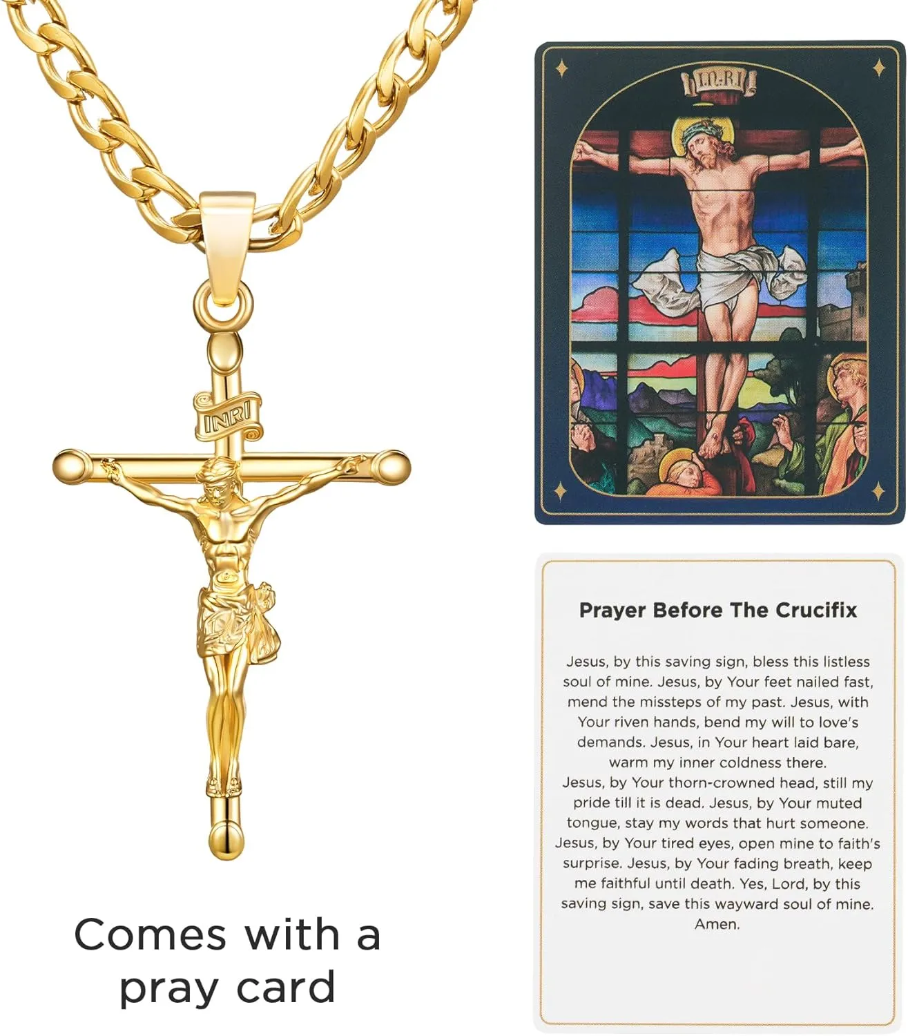 18K Gold over S925 Crucifix Necklace for Men with Rope/Cuban Chain, Catholic Jesus Cross Pendant, Men's Religious Gift for Easter Christmas