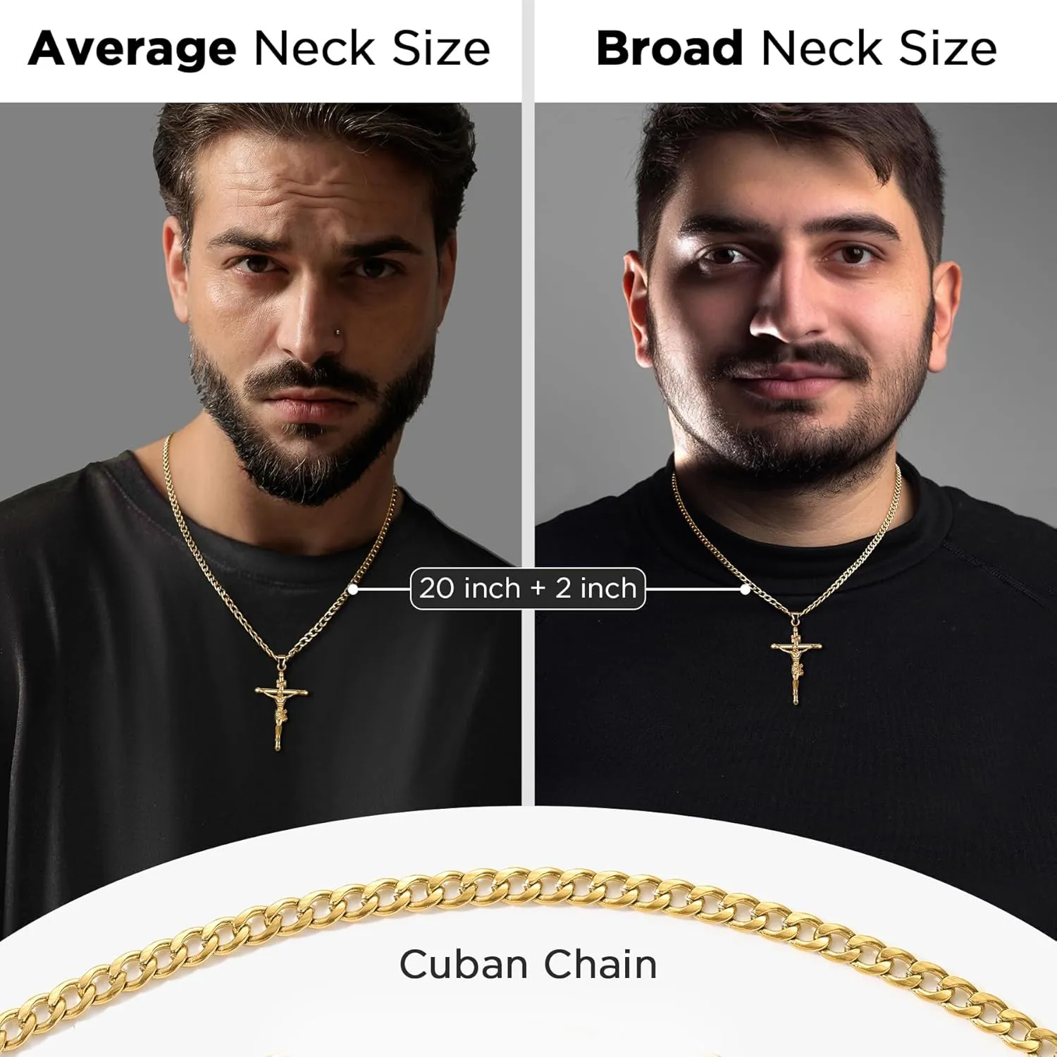 18K Gold over S925 Crucifix Necklace for Men with Rope/Cuban Chain, Catholic Jesus Cross Pendant, Men's Religious Gift for Easter Christmas