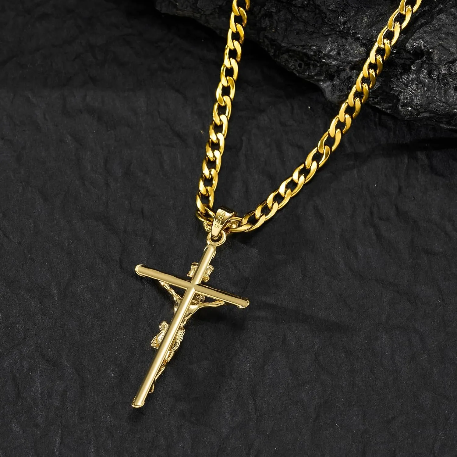 18K Gold over S925 Crucifix Necklace for Men with Rope/Cuban Chain, Catholic Jesus Cross Pendant, Men's Religious Gift for Easter Christmas
