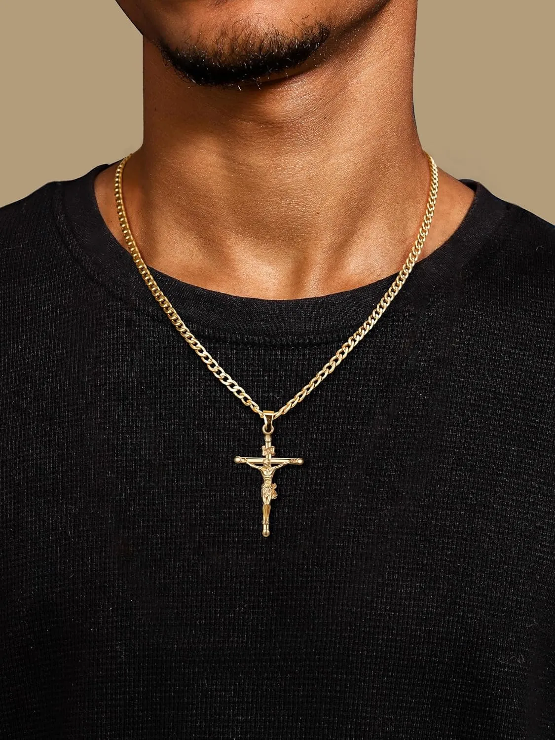 18K Gold over S925 Crucifix Necklace for Men with Rope/Cuban Chain, Catholic Jesus Cross Pendant, Men's Religious Gift for Easter Christmas