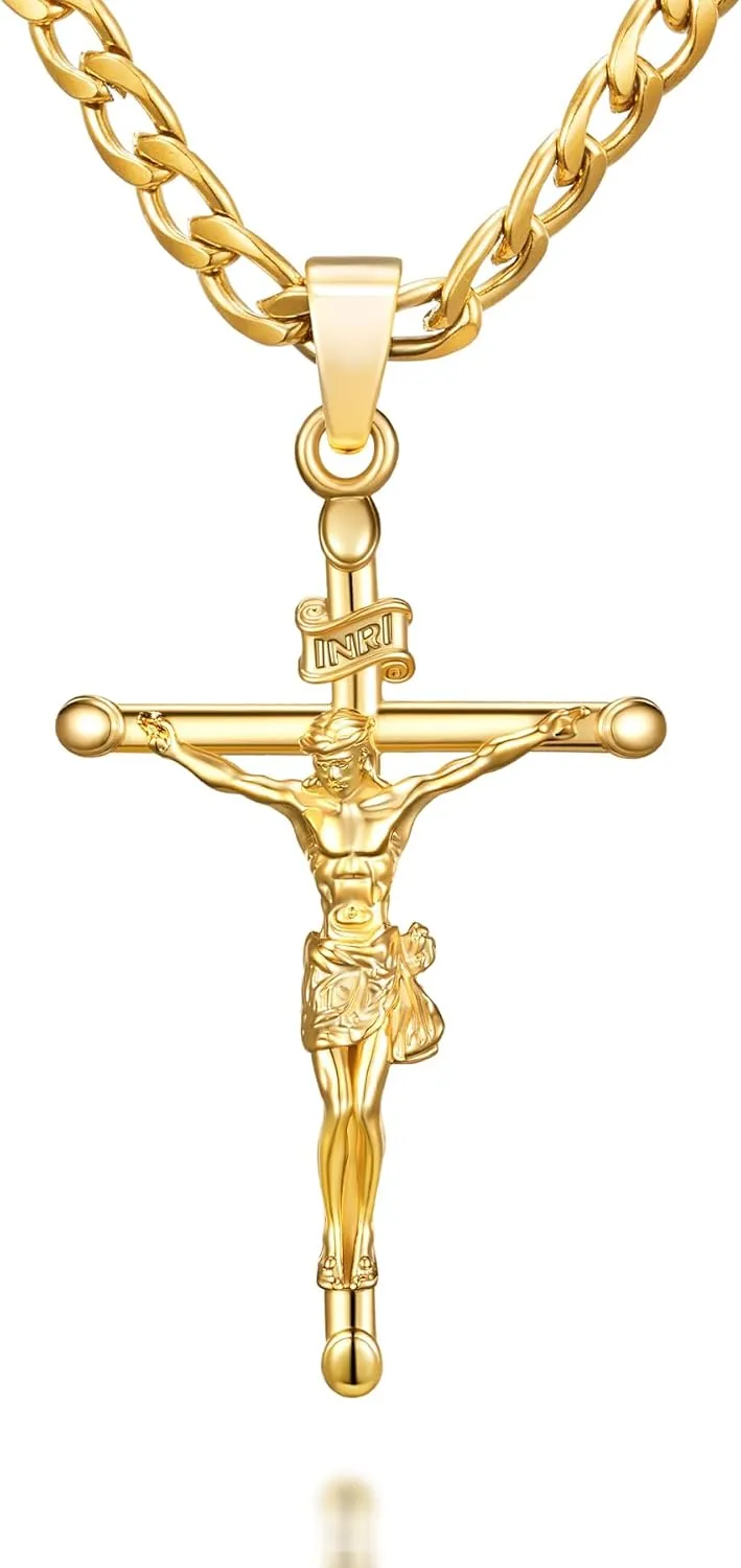 18K Gold over S925 Crucifix Necklace for Men with Rope/Cuban Chain, Catholic Jesus Cross Pendant, Men's Religious Gift for Easter Christmas
