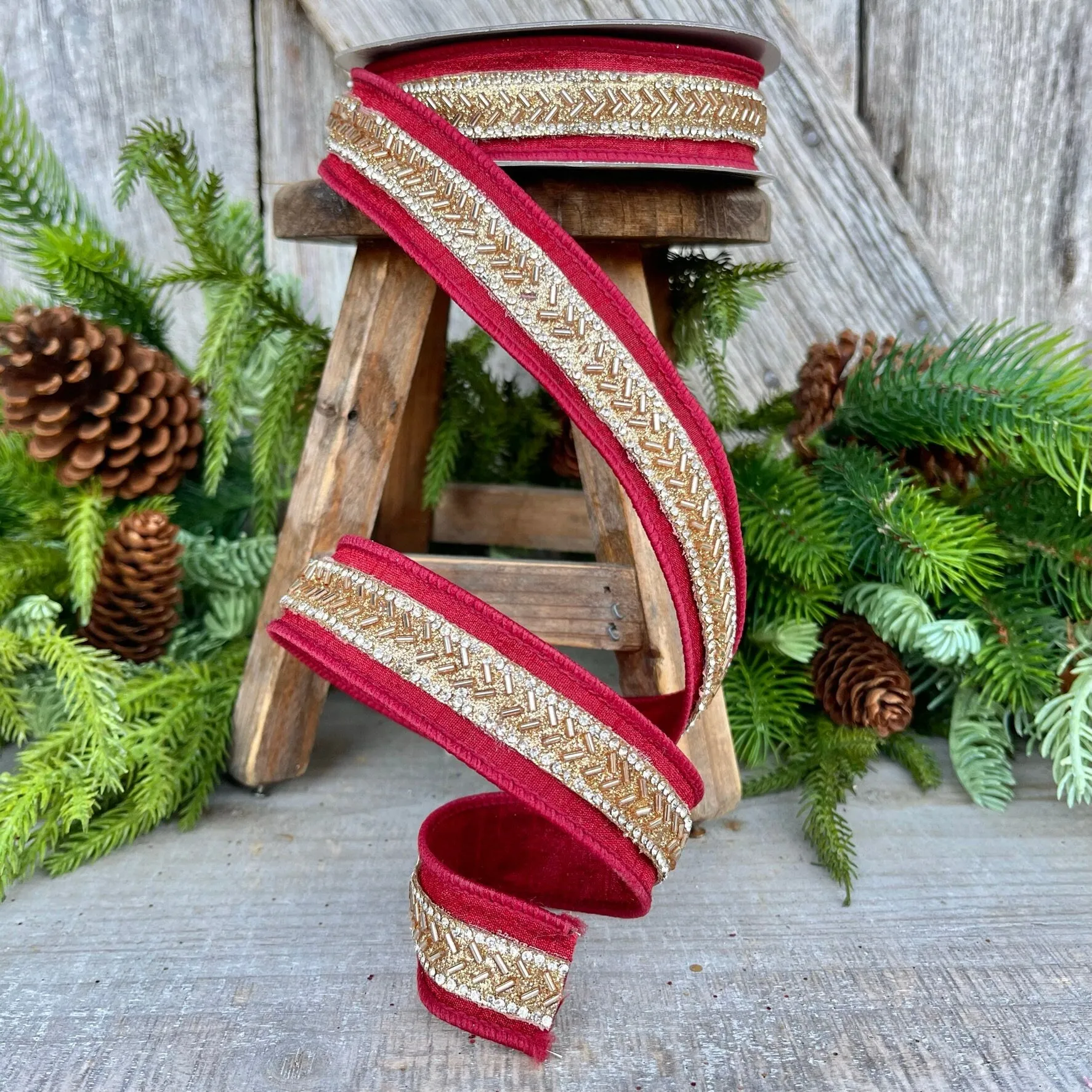 1" Burgundy Beaded RIbbon, Farrisilk Ribbon
