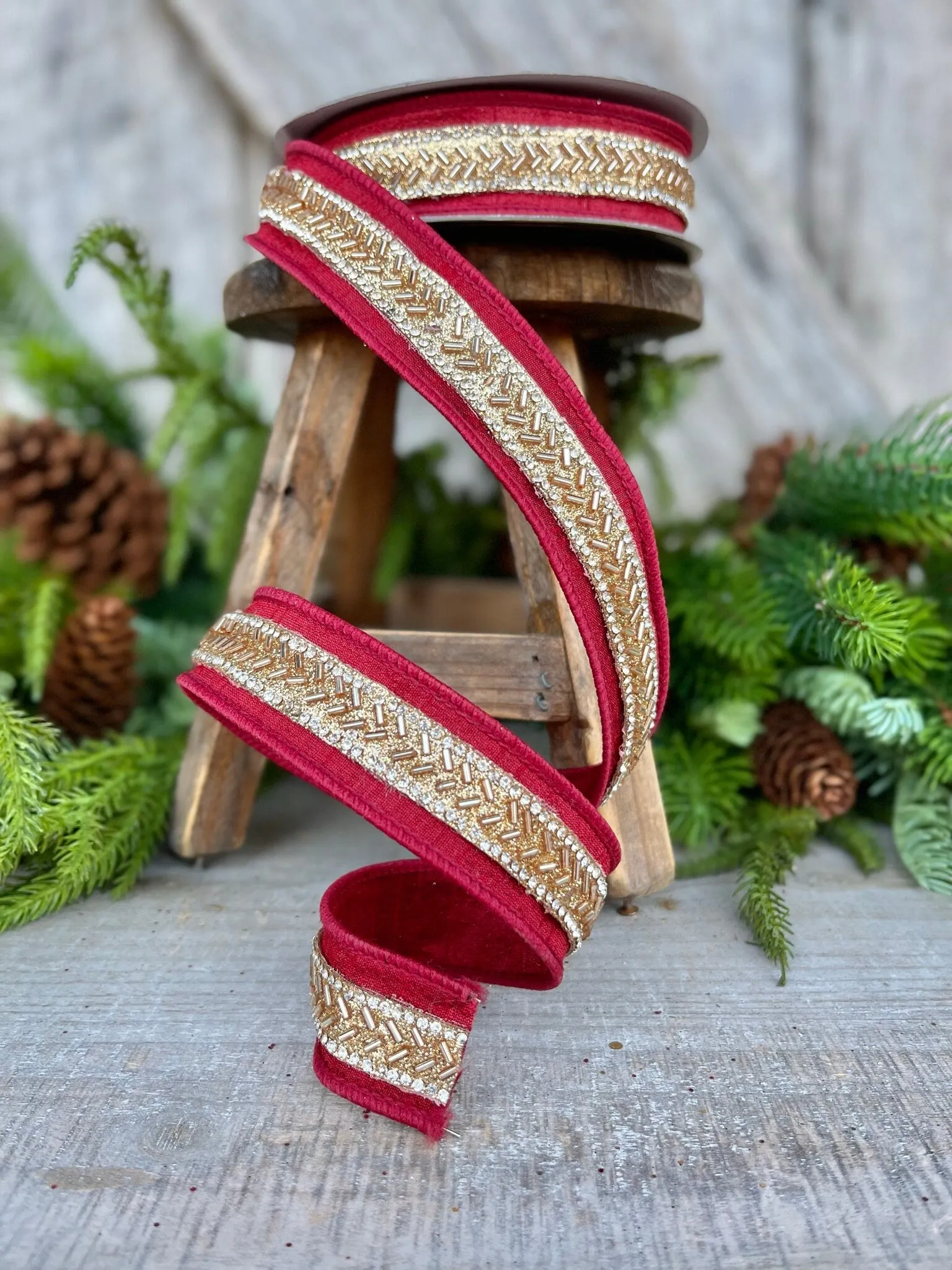 1" Burgundy Beaded RIbbon, Farrisilk Ribbon