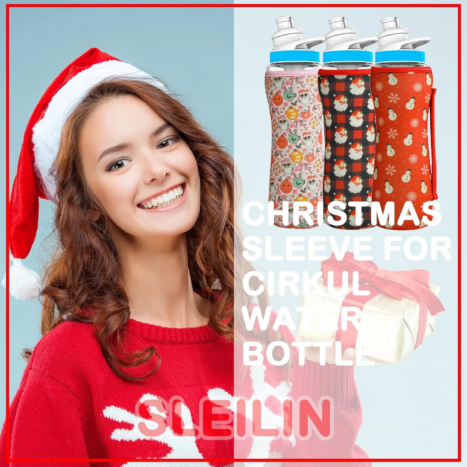 32oz Christmas Sleeve Compatible With Cirkul Water Bottle for Plastic And Stainless Steel Bottles 32oz Neoprene Sweat-Wicking Material Insulated Cover Designed With Handles Christmas