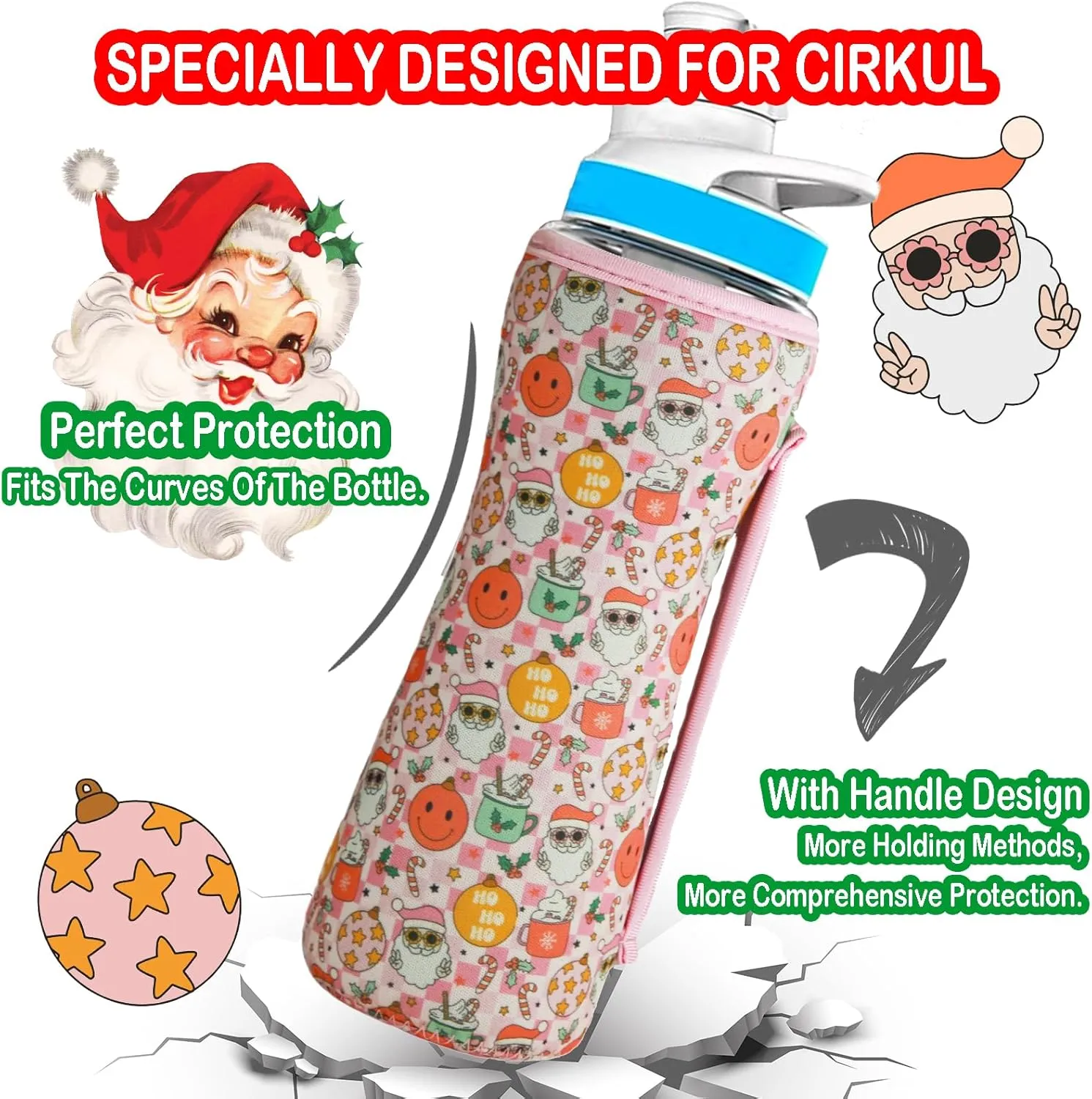 32oz Christmas Sleeve Compatible With Cirkul Water Bottle for Plastic And Stainless Steel Bottles 32oz Neoprene Sweat-Wicking Material Insulated Cover Designed With Handles Christmas