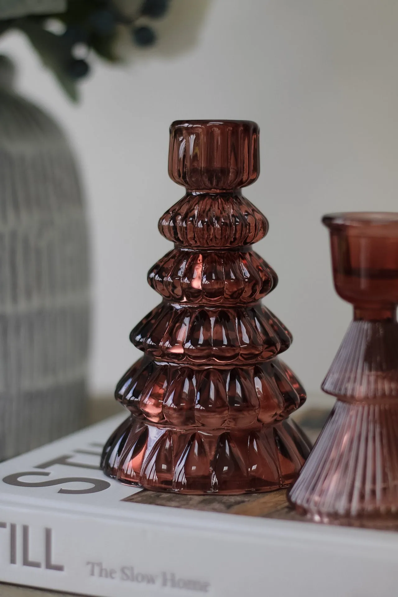 Cherry Glass Ribbed Christmas Tree Candle Sticks | Set of 2