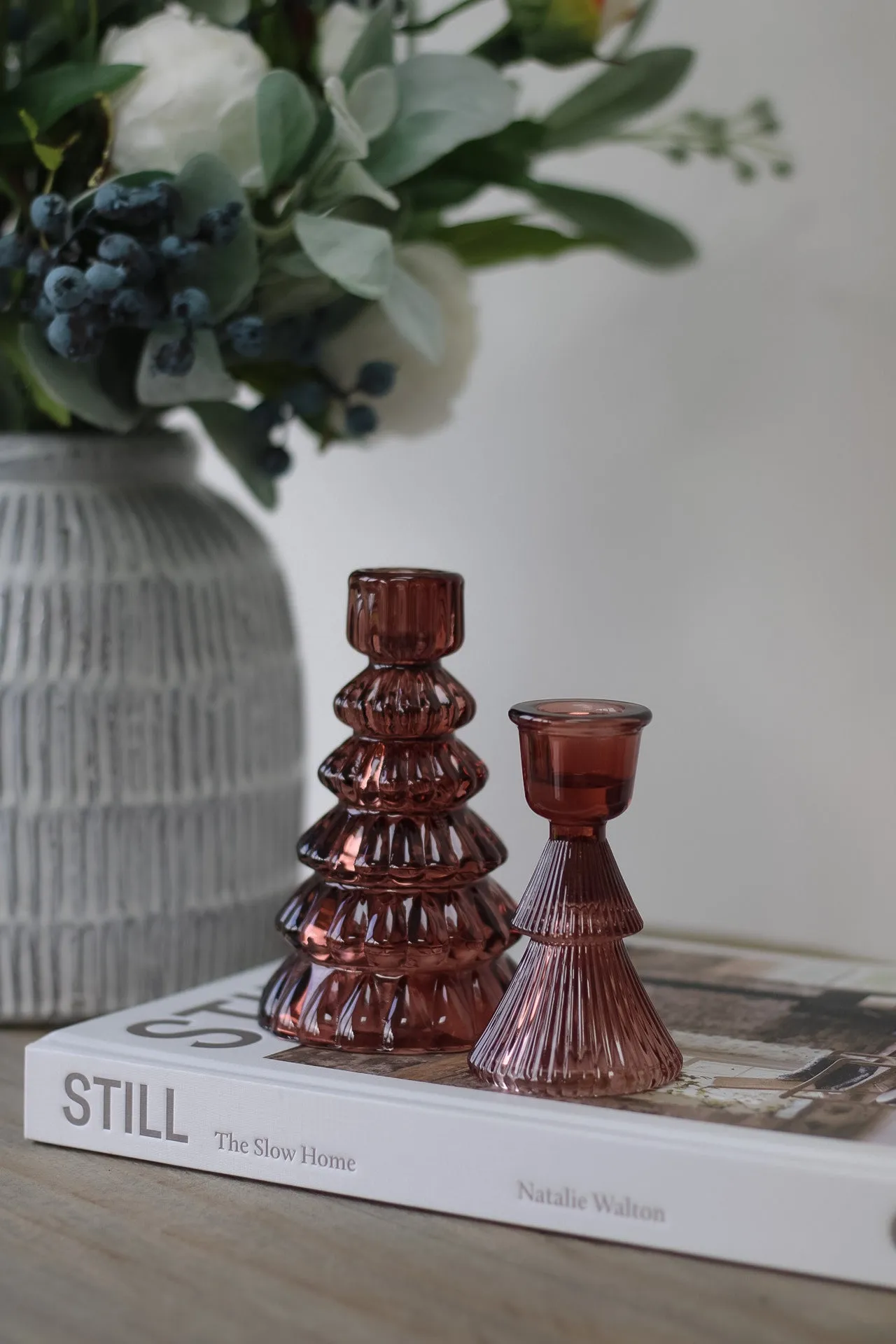 Cherry Glass Ribbed Christmas Tree Candle Sticks | Set of 2