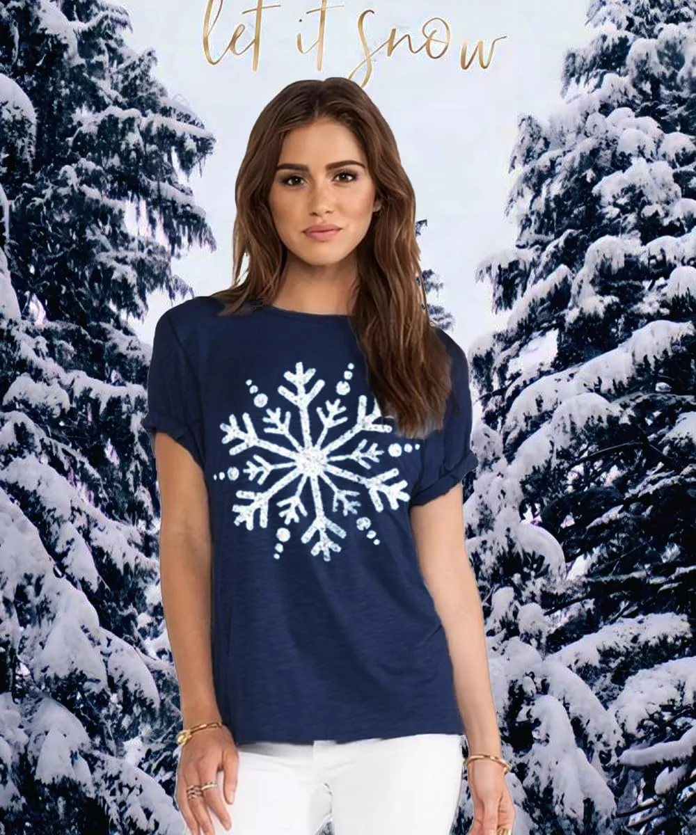 Christmas Shirts for Women Cute Snowflake Graphic Shirts Short Sleeve Funny Print Tee