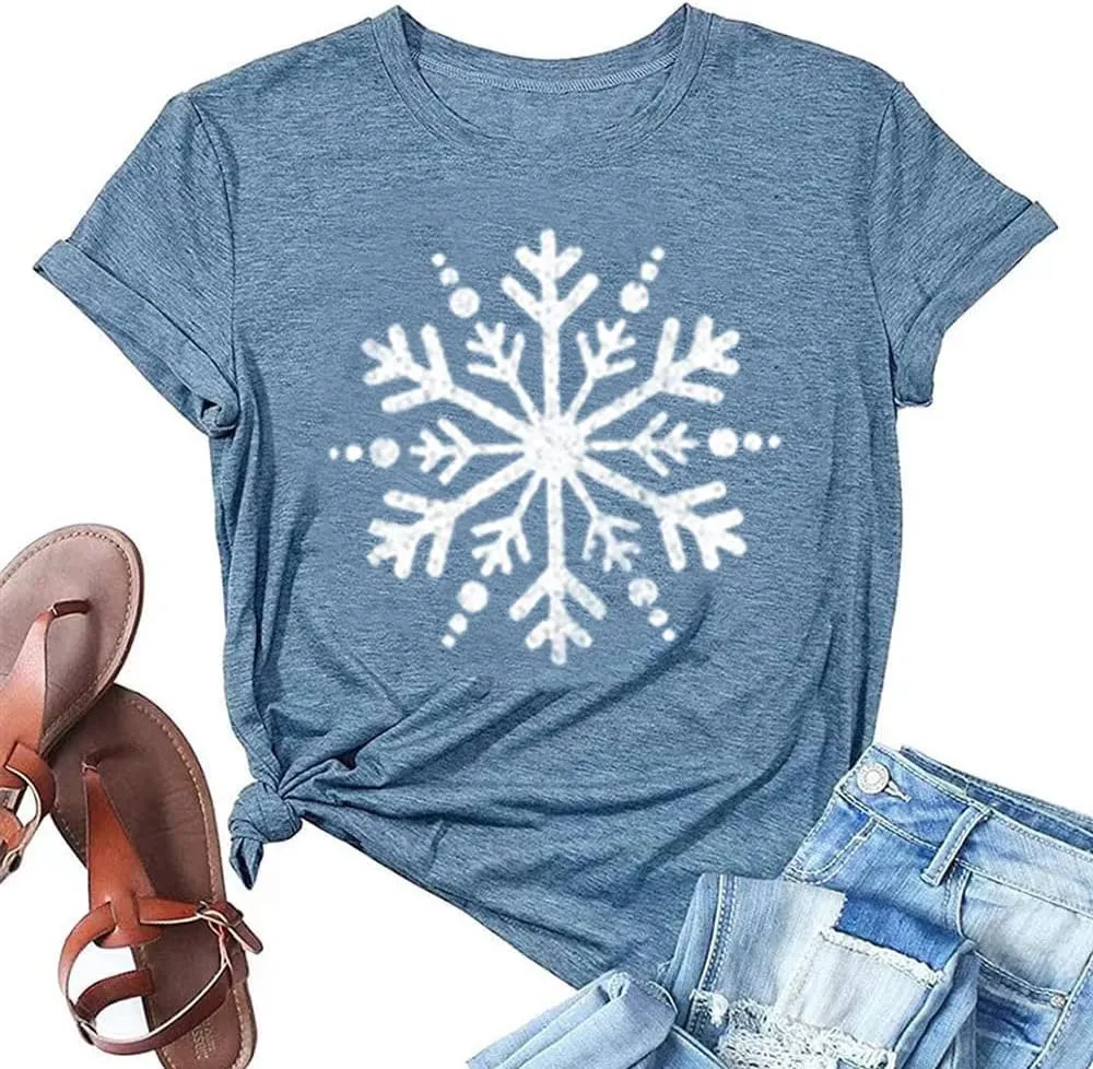 Christmas Shirts for Women Cute Snowflake Graphic Shirts Short Sleeve Funny Print Tee