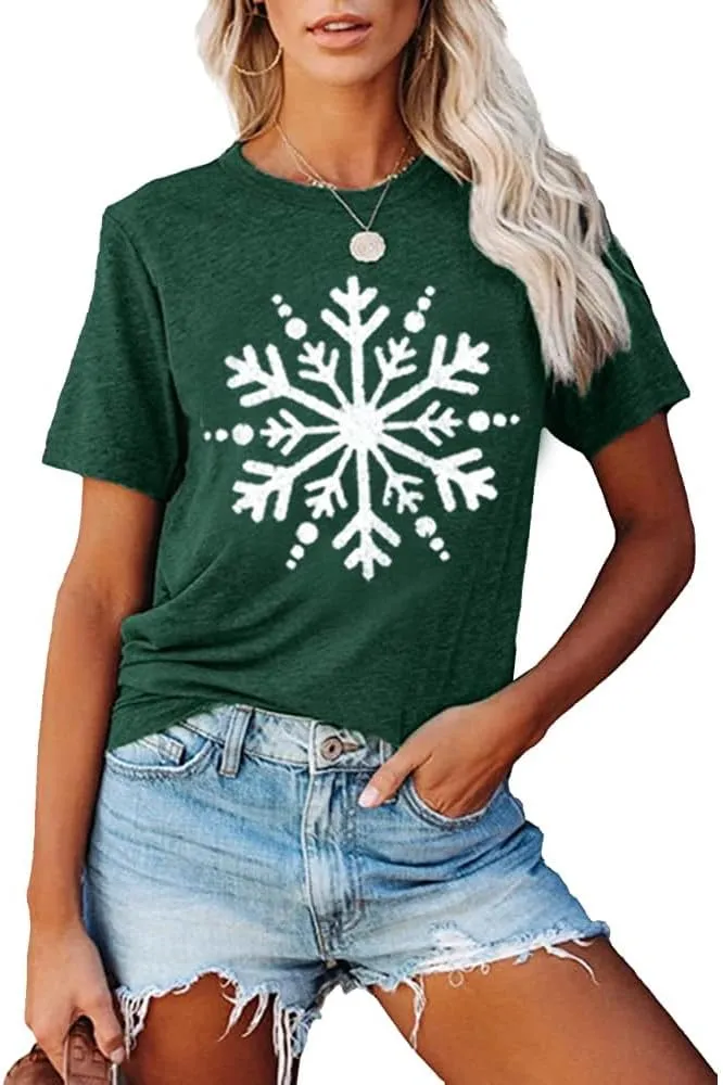 Christmas Shirts for Women Cute Snowflake Graphic Shirts Short Sleeve Funny Print Tee
