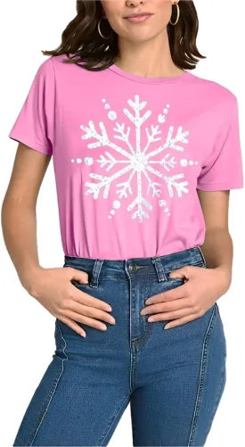 Christmas Shirts for Women Cute Snowflake Graphic Shirts Short Sleeve Funny Print Tee