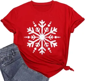 Christmas Shirts for Women Cute Snowflake Graphic Shirts Short Sleeve Funny Print Tee