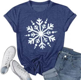 Christmas Shirts for Women Cute Snowflake Graphic Shirts Short Sleeve Funny Print Tee