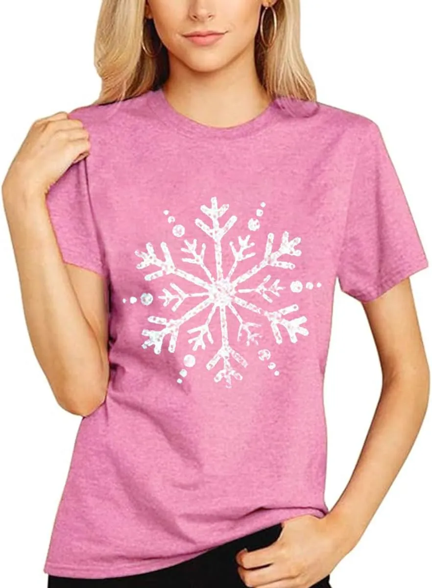 Christmas Shirts for Women Cute Snowflake Graphic Shirts Short Sleeve Funny Print Tee