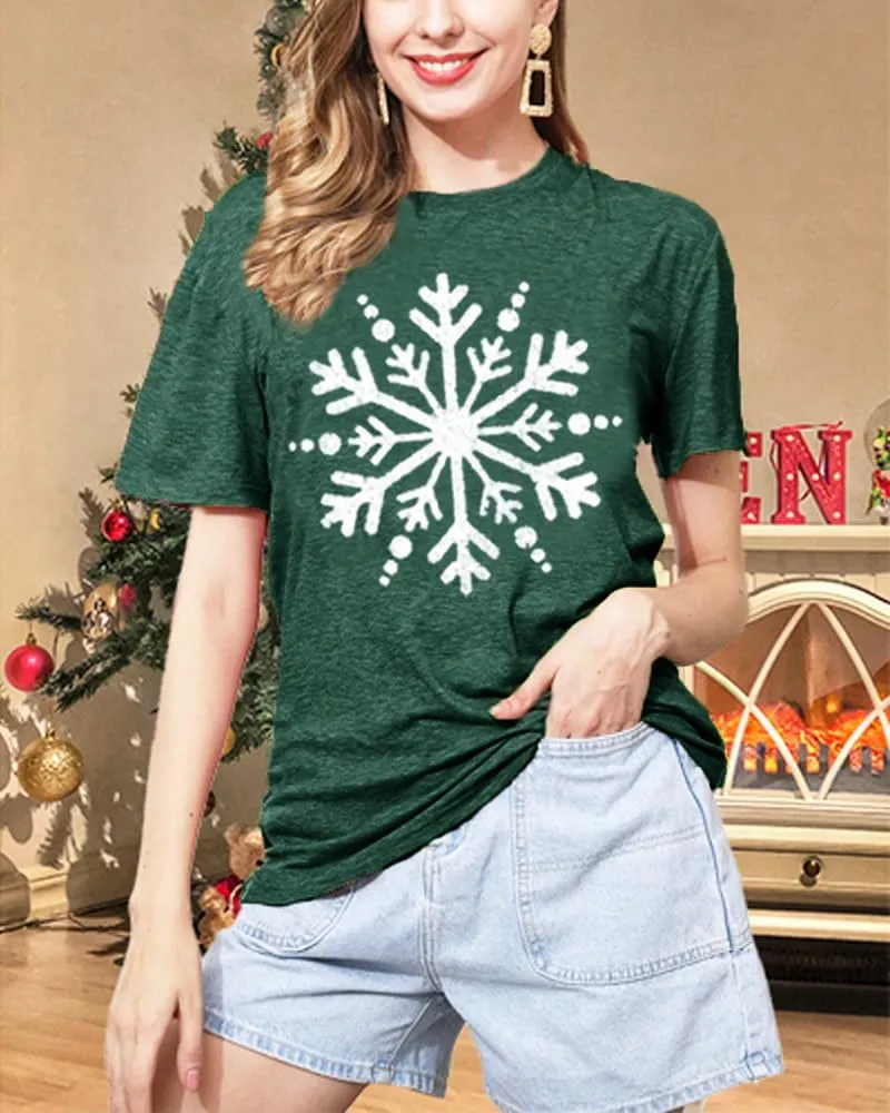 Christmas Shirts for Women Cute Snowflake Graphic Shirts Short Sleeve Funny Print Tee