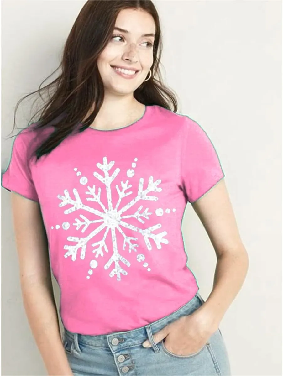 Christmas Shirts for Women Cute Snowflake Graphic Shirts Short Sleeve Funny Print Tee