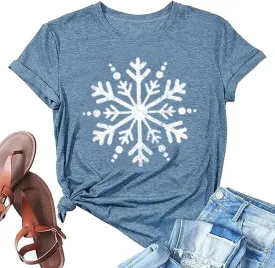Christmas Shirts for Women Cute Snowflake Graphic Shirts Short Sleeve Funny Print Tee