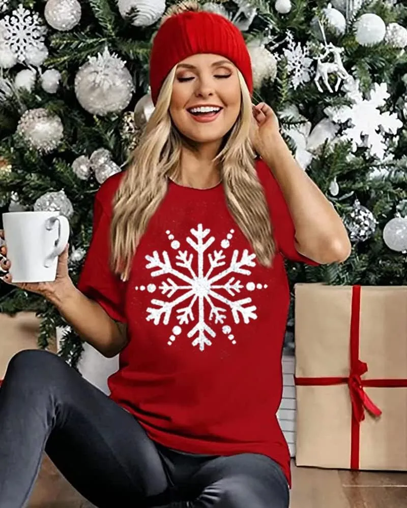 Christmas Shirts for Women Cute Snowflake Graphic Shirts Short Sleeve Funny Print Tee