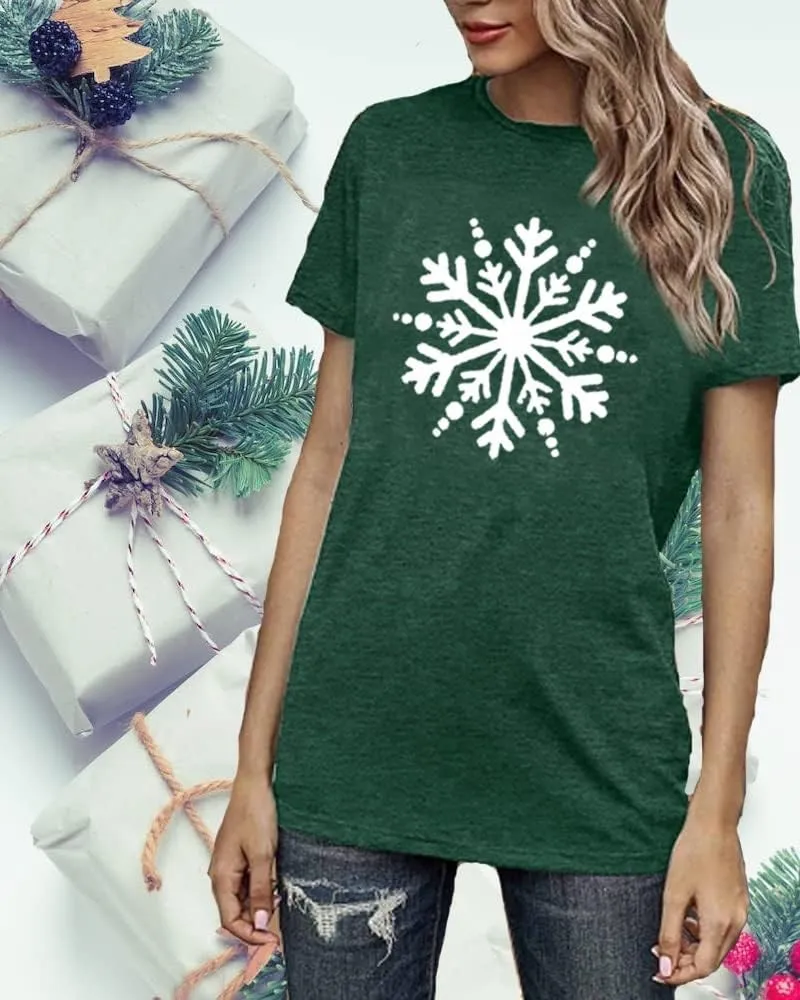 Christmas Shirts for Women Cute Snowflake Graphic Shirts Short Sleeve Funny Print Tee