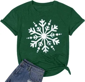 Christmas Shirts for Women Cute Snowflake Graphic Shirts Short Sleeve Funny Print Tee