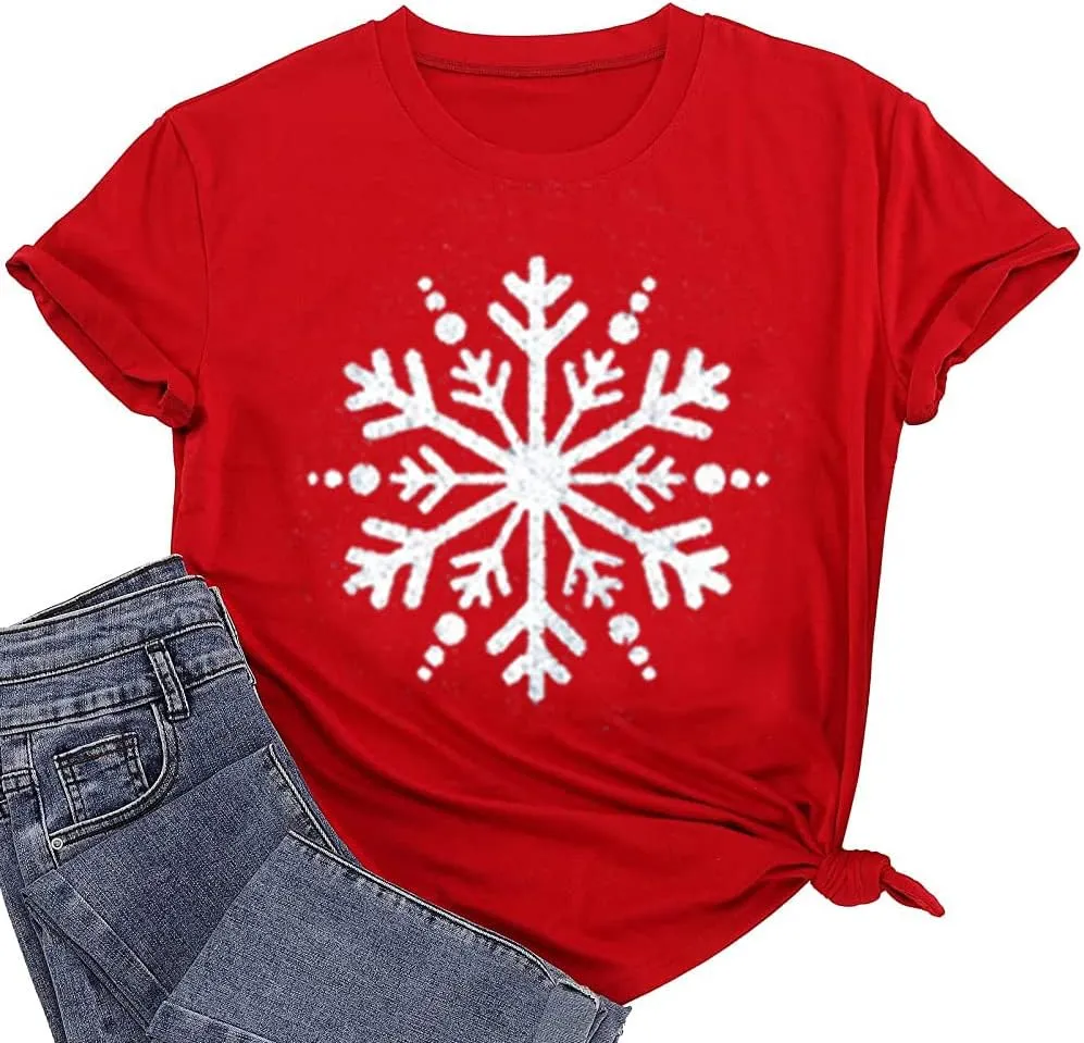 Christmas Shirts for Women Cute Snowflake Graphic Shirts Short Sleeve Funny Print Tee