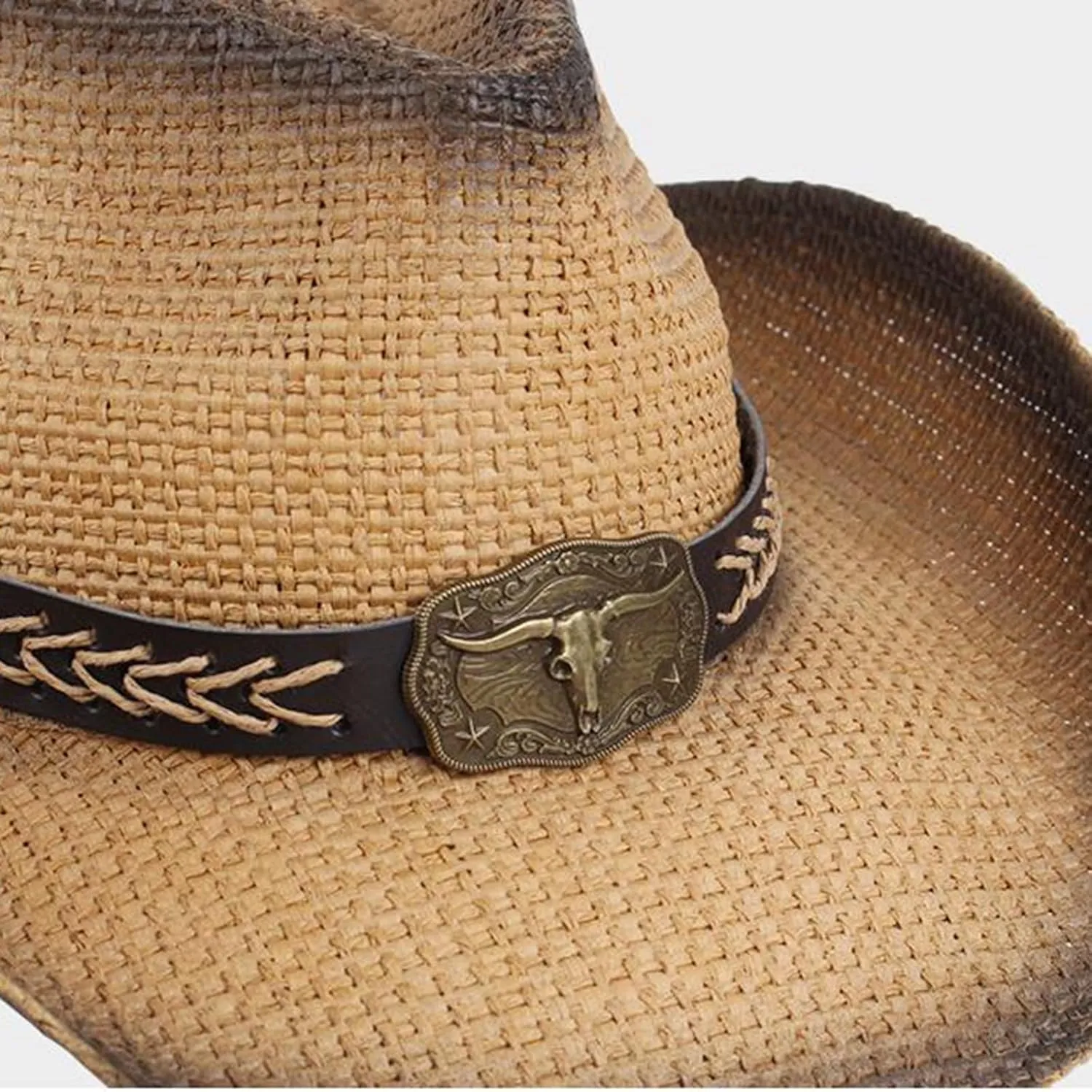 Cowboy Hats for Women, Brown Straw Cowgirl Outfits, Western Wide Brim Sun Hats with Chin Strap