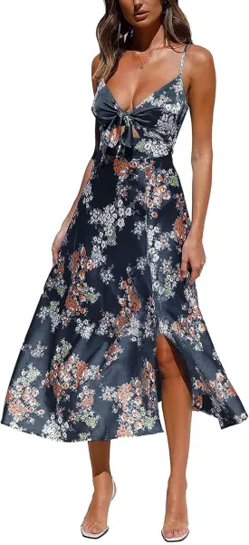 Fashionme Women Spaghetti Strap Midi Satin Dresses Tie Front Backless Split Hollow Dress