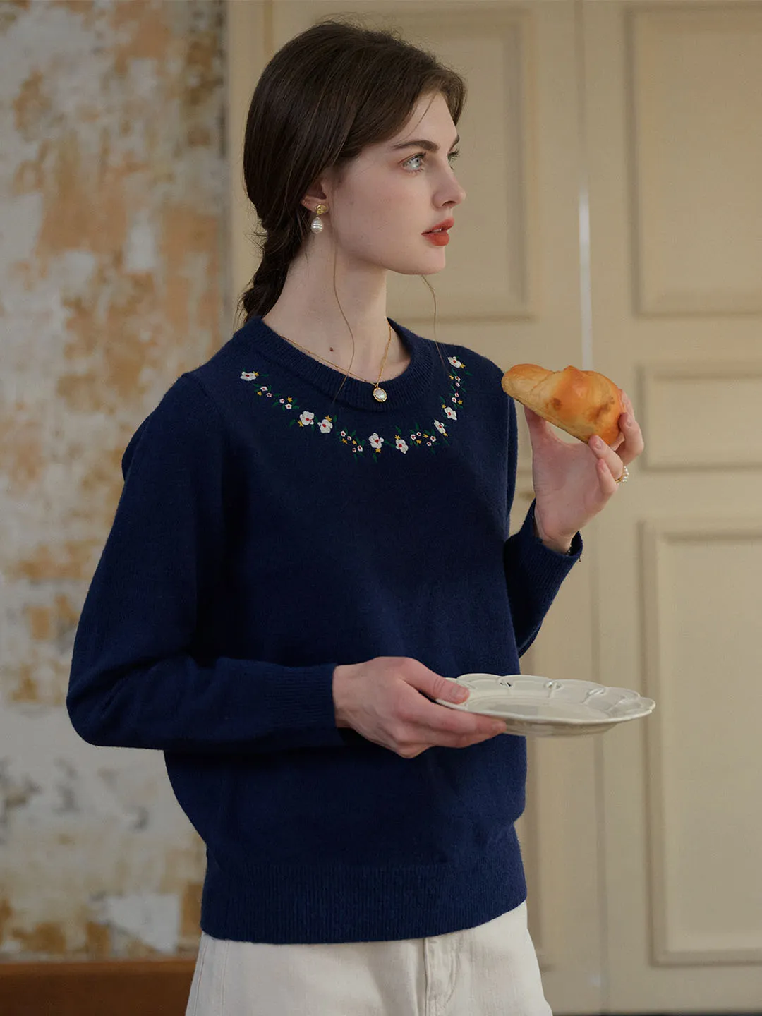 【Final Sale】Elsa Floral Embroidery Christmas Blue Knit Sweater