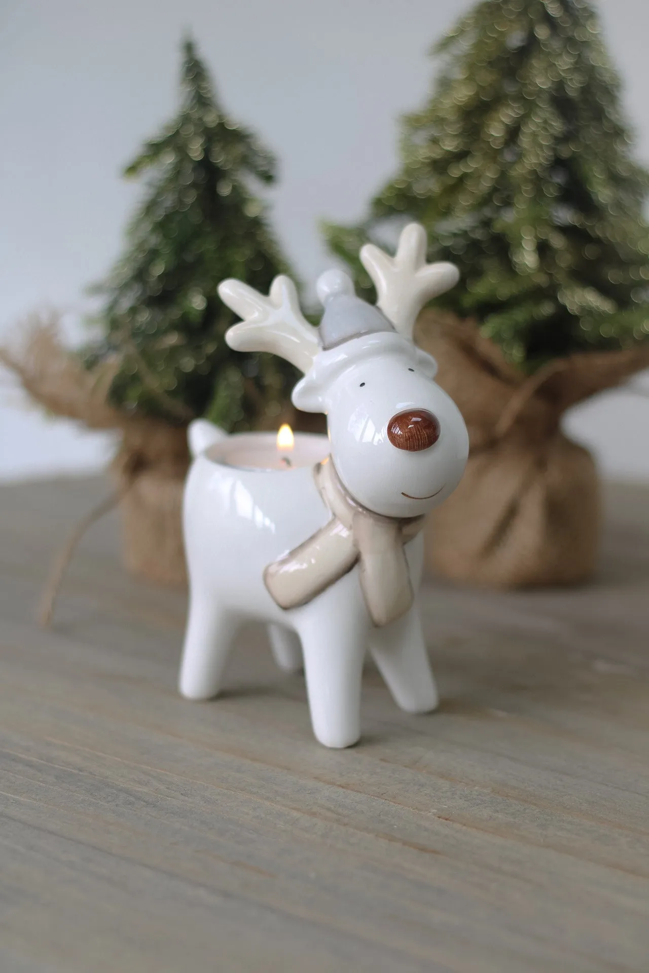 Grey and White Ceramic Reindeer Tea Light Holder