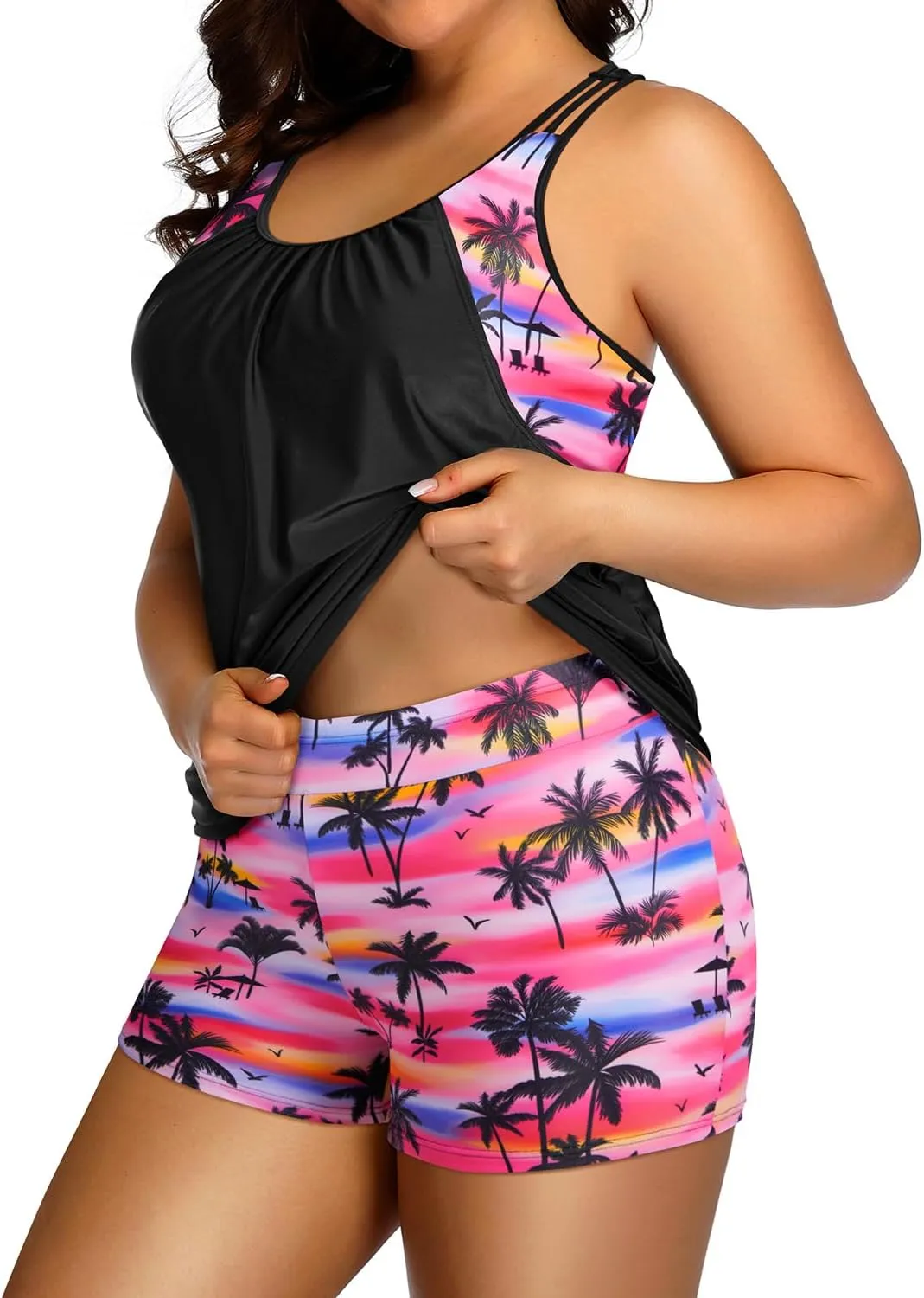 Holipick Plus Size Tankini Swimsuit for Women Two Piece Tummy Control Bathing Suit Blouson Racerback Tankini Top with Shorts