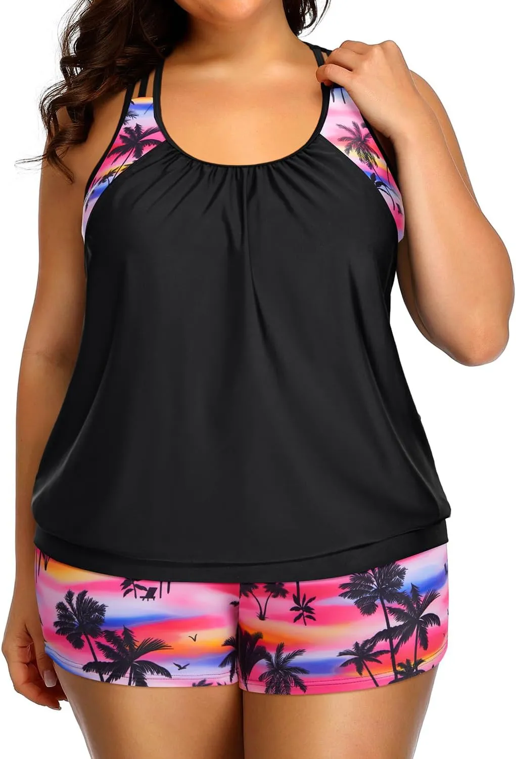 Holipick Plus Size Tankini Swimsuit for Women Two Piece Tummy Control Bathing Suit Blouson Racerback Tankini Top with Shorts