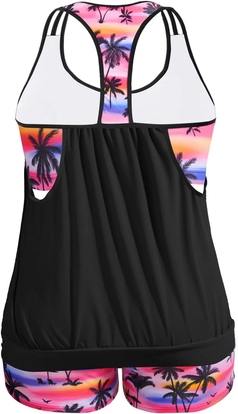 Holipick Plus Size Tankini Swimsuit for Women Two Piece Tummy Control Bathing Suit Blouson Racerback Tankini Top with Shorts