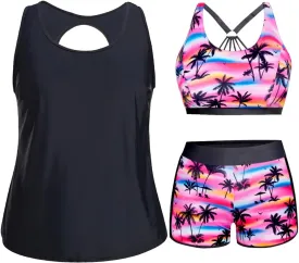 Holipick Women Plus Size 3 Piece Tankini Swimsuits Tummy Control Bathing Suits with Boy Shorts Tank Top with Sports Bra