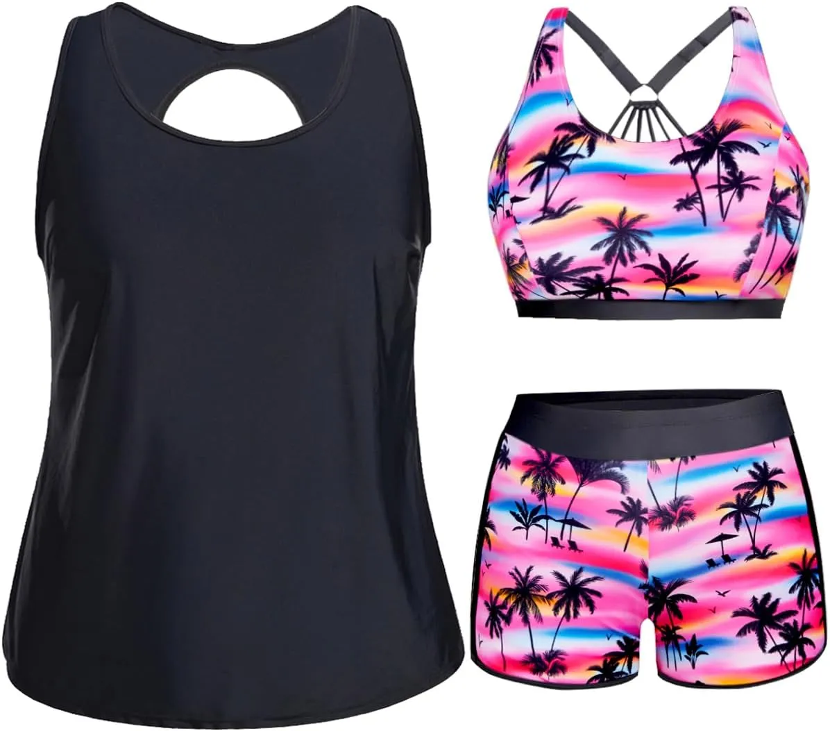 Holipick Women Plus Size 3 Piece Tankini Swimsuits Tummy Control Bathing Suits with Boy Shorts Tank Top with Sports Bra