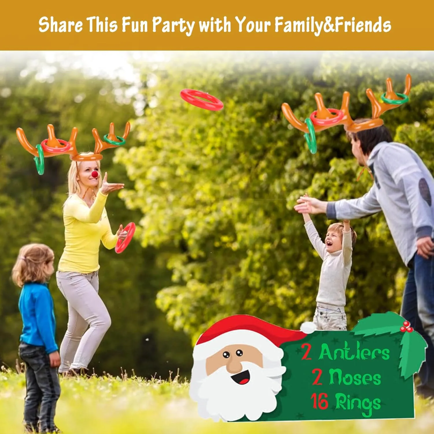 Inflatable Reindeer Antler Ring Toss Game for Christmas Party Supplies - Christmas Reindeer Game with Red Nose, Xmas Target Game Toy