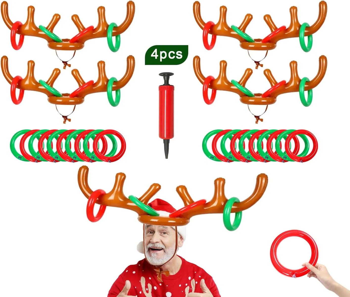 Inflatable Reindeer Antler Ring Toss Game,2025 Christmas Games Ring Toss, Christmas Party Antler Hat Games, Christmas Party Games for Family(4 Antlers 16 Rings1 Air Pump)