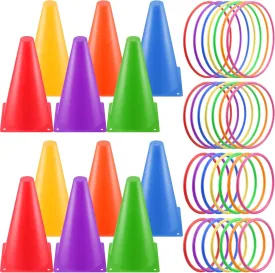Lenwen 53 Pcs Indoor Outdoor Carnival Games for Kids Adults Plastic Cones Ring Toss Combo Set Ring Toss Game Throwing Backyard Games Speed Agility Practice Games for Christmas Party