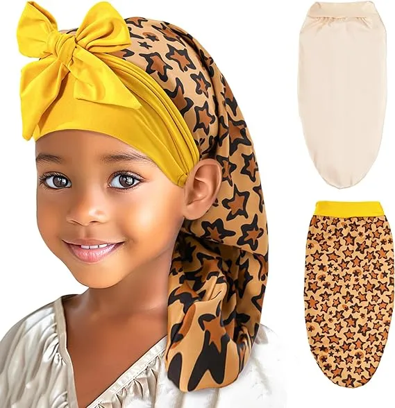 Lolalet Kids Bonnets for Girls, Long Silk Bonnet for Sleeping Kids Satin Bonnet Cap with Tie Band