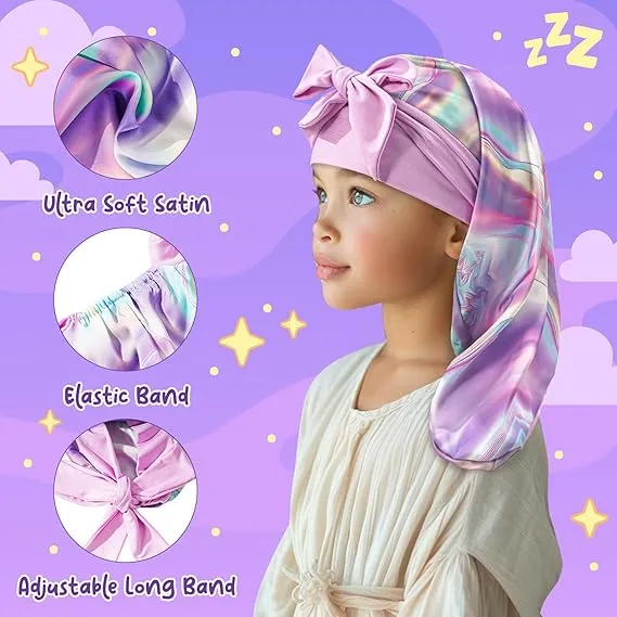 Lolalet Kids Bonnets for Girls, Long Silk Bonnet for Sleeping Kids Satin Bonnet Cap with Tie Band