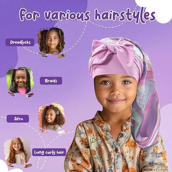 Lolalet Kids Bonnets for Girls, Long Silk Bonnet for Sleeping Kids Satin Bonnet Cap with Tie Band