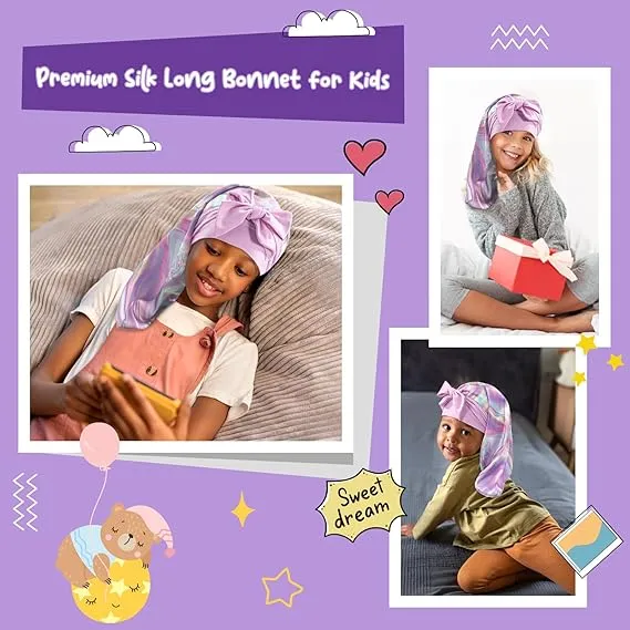 Lolalet Kids Bonnets for Girls, Long Silk Bonnet for Sleeping Kids Satin Bonnet Cap with Tie Band