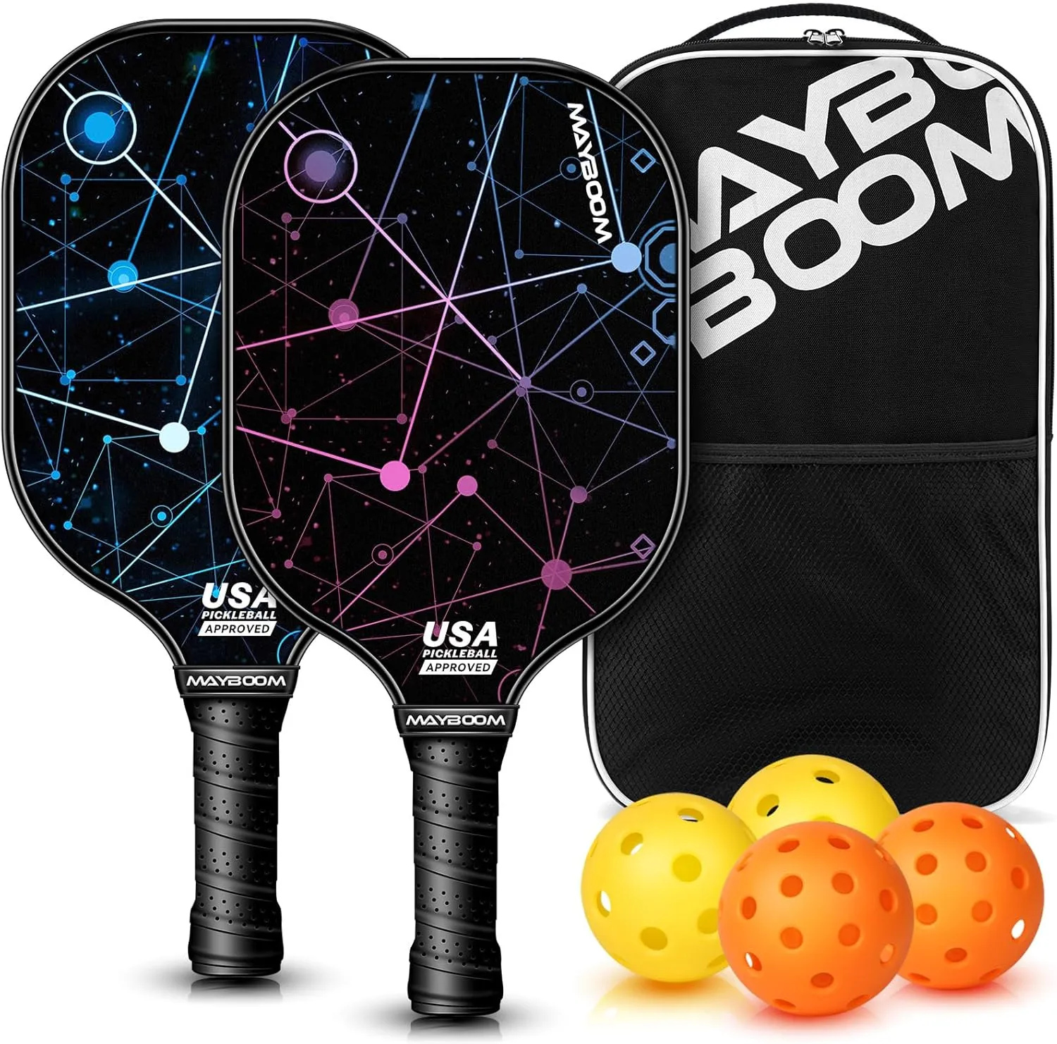 Mayboom Pickleball Paddles Set of 2 or 4, USAPA Approved Pickleball Paddles Set with 4 Pickleball Balls and Pickleball Carry Bag, Fiberglass Pickle Ball Rackets 2 Pack Gifts for Beginners&Pros