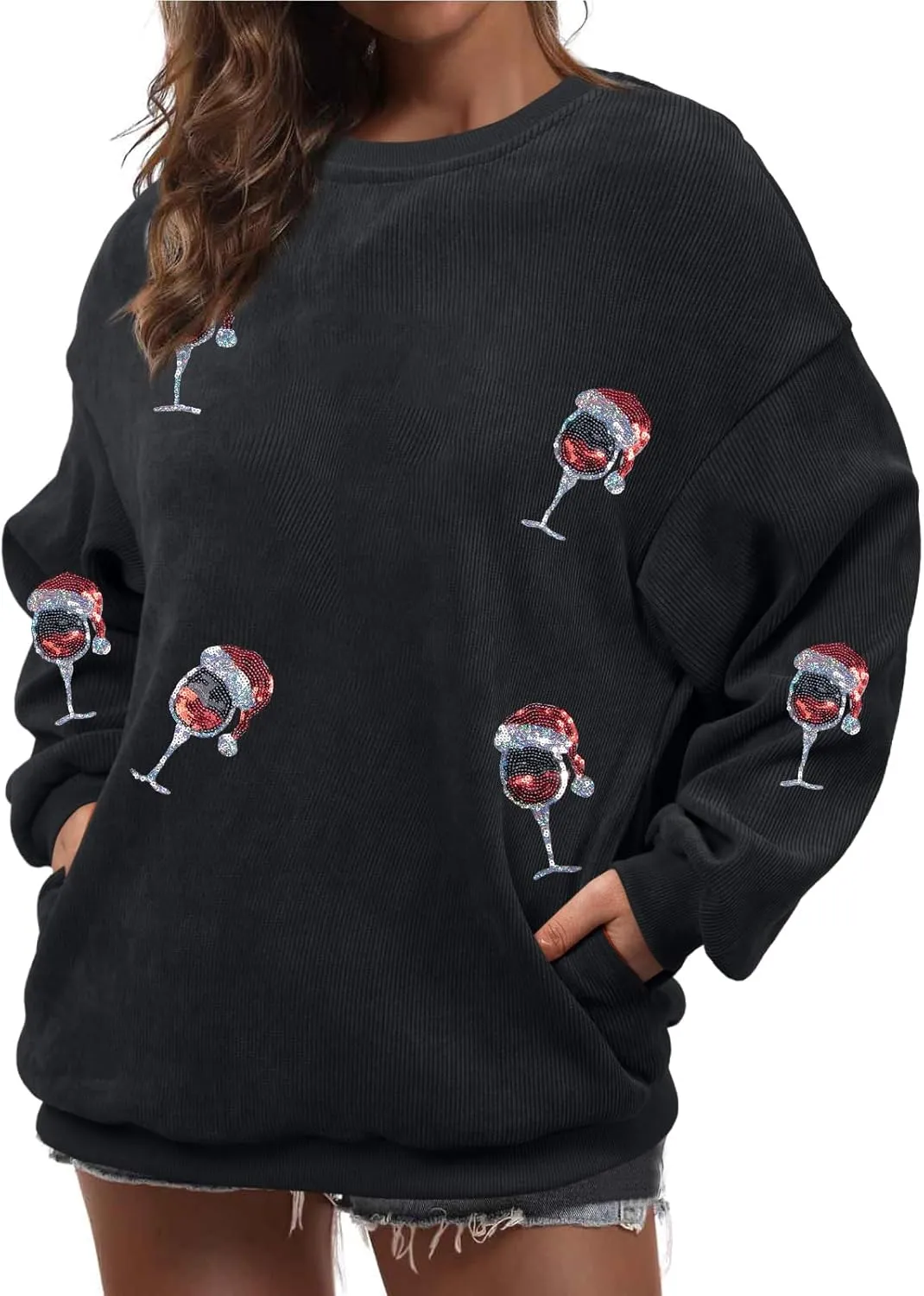 Merry Christmas Sweatshirt Women Christmas Sequin Tops Hoodie Christmas Party Pullover with Pockets