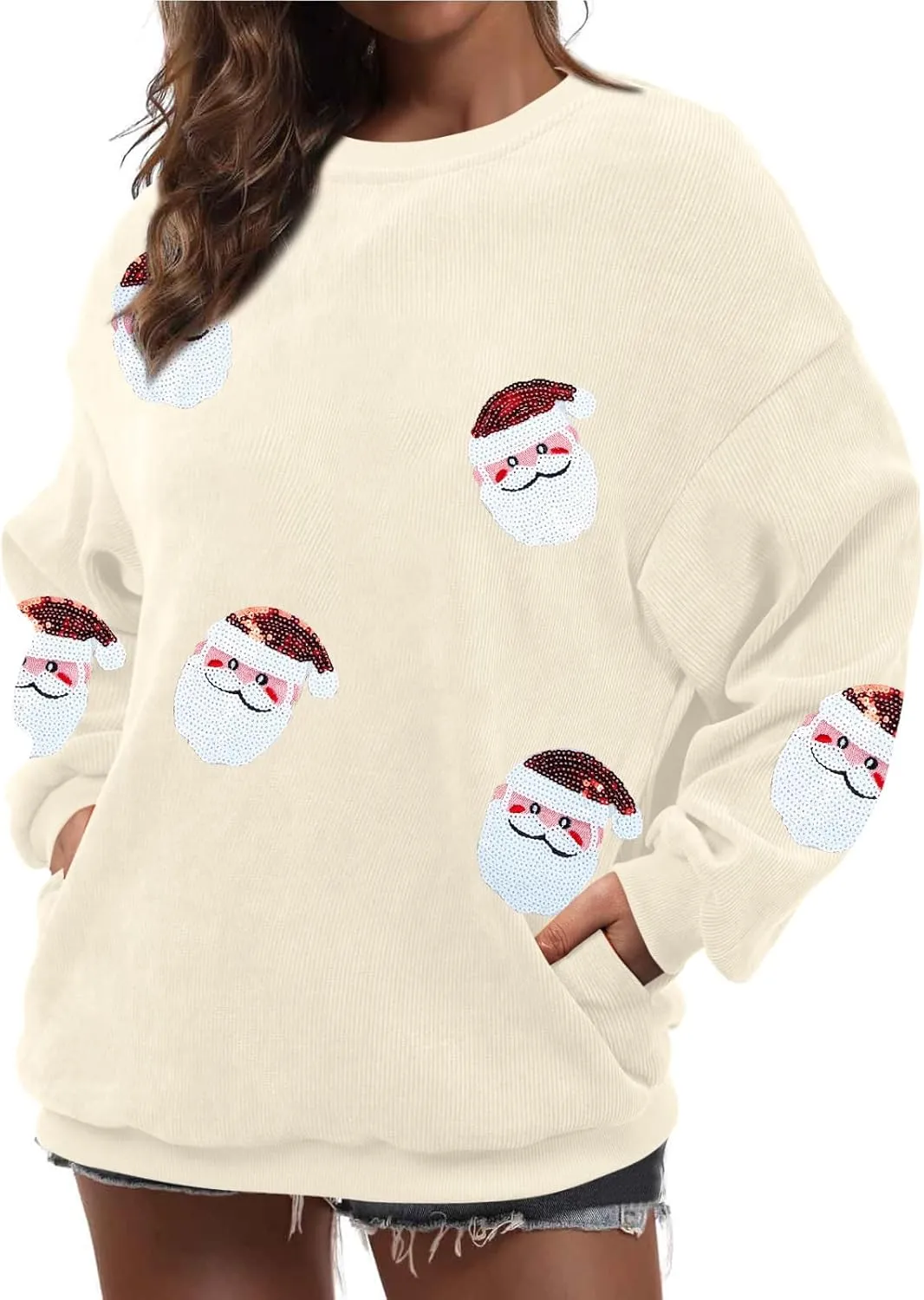Merry Christmas Sweatshirt Women Christmas Sequin Tops Hoodie Christmas Party Pullover with Pockets