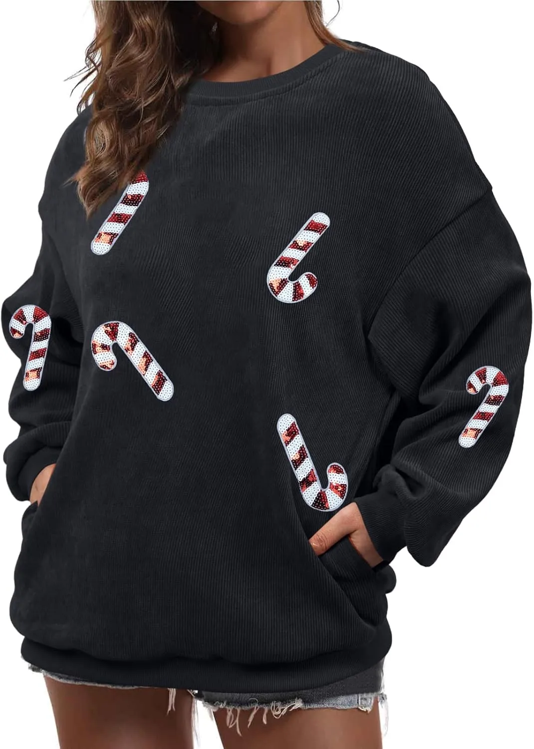 Merry Christmas Sweatshirt Women Christmas Sequin Tops Hoodie Christmas Party Pullover with Pockets