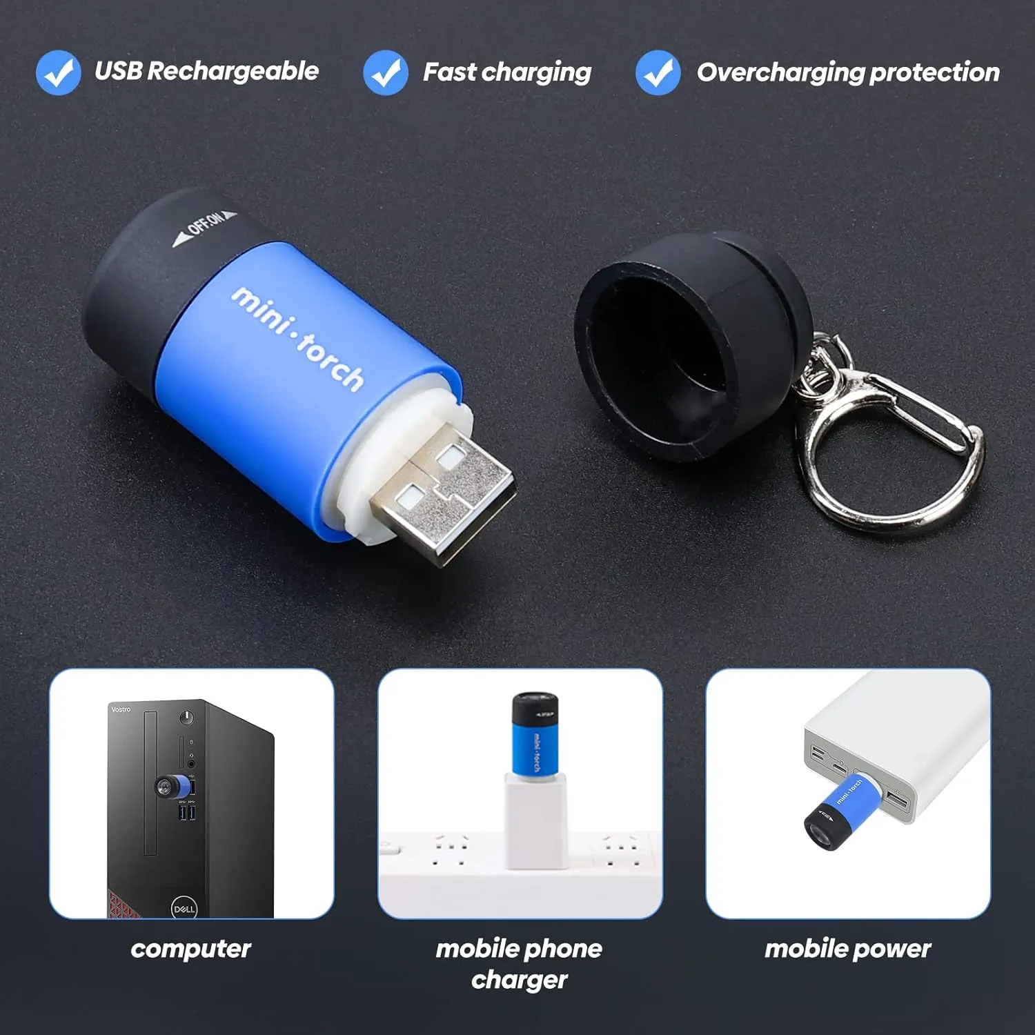 Mini Keychain Light,USB Rechargeable Keychain Flashlights 6pcs Waterproof Small Flashlights for Emergency LED Tiny Flashlight Colorful Gift for Kids Students Family(6 Color)