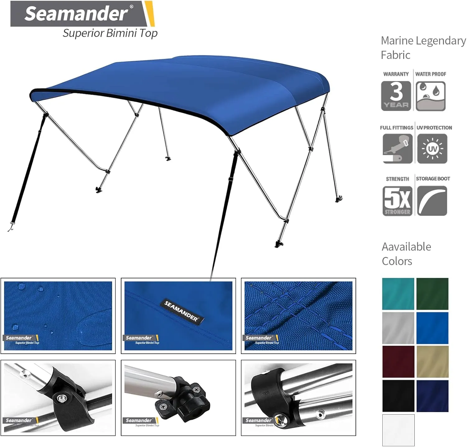 Seamander Bimini Top for Boats,3-4 Bow 13 Different Size Bimini Tops,Includes Bimini Top Hardwares and Boot Cover,3 Bow 6ft Length 79in - 84in Width 46in Height