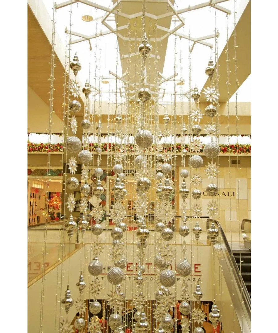 Silver Ornament Drop Ceiling Display with Snowflake Frame