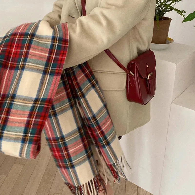 TAVIMART  -  Christmas Red Plaid Scarf Fall Winter Warm Women's Scarfs Vintage Classic Tassels Cashmere Imitation Long Shawl Lady Accessories
