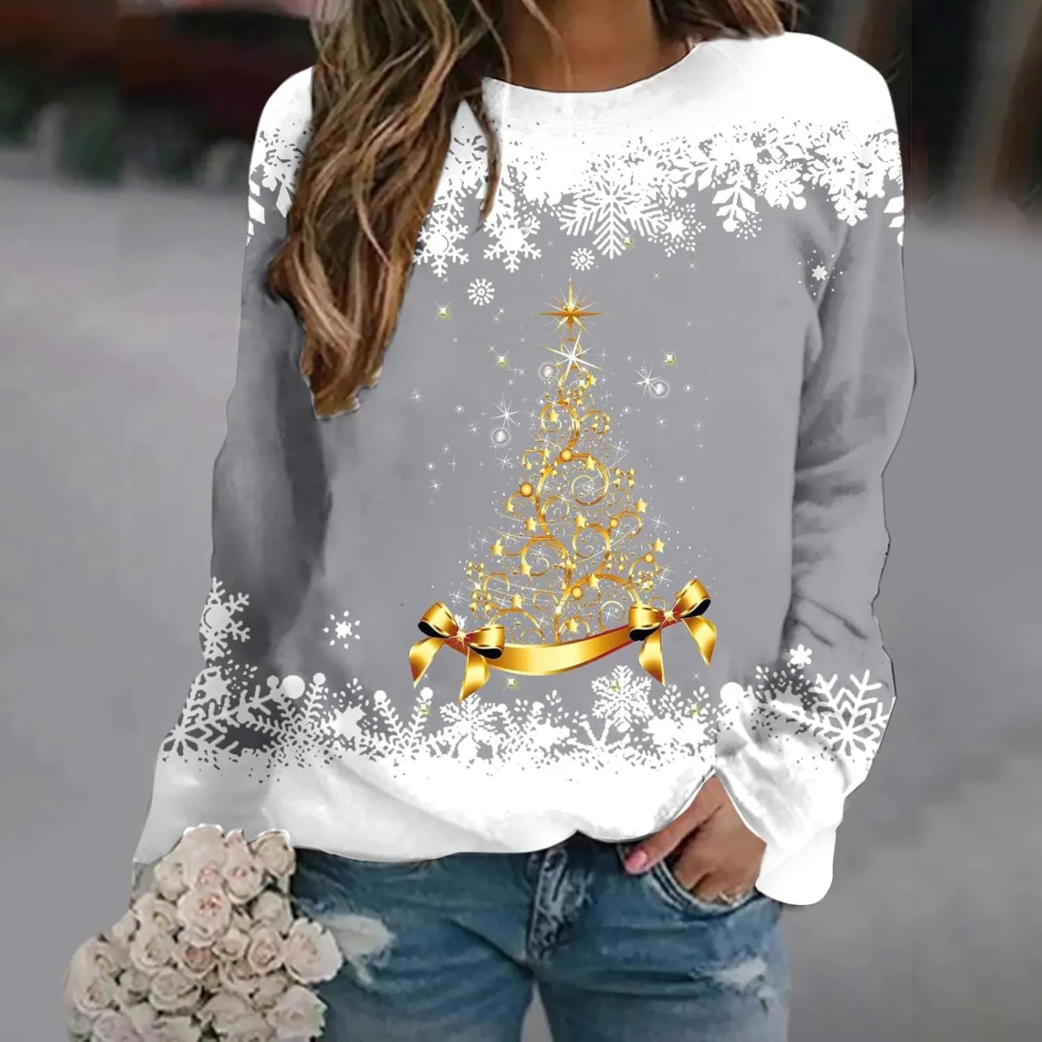 Ugly Christmas Sweater Women Christmas Tree Sweatshirts Long Sleeve Crew Neck Holiday Merry and Br